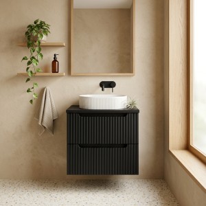 Ensemble VANO 60cm : meubles sous vasque à tiroirs, plan pour vasque noir et vasque à poser mis en situation