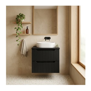 Ensemble VANO 60cm : meubles sous vasque à tiroirs, plan pour vasque noir et vasque à poser mis en situation