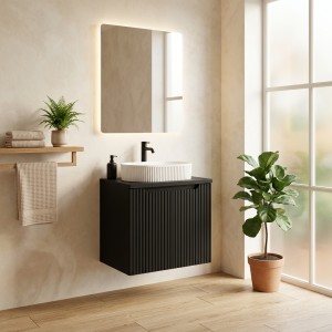 Ensemble VANO 60cm : meuble sous vasque 2 portes, plan pour vasque et vasque à poser mis en situation