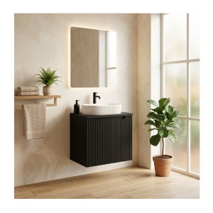 Ensemble VANO 60cm : meuble sous vasque 2 portes, plan pour vasque et vasque à poser mis en situation