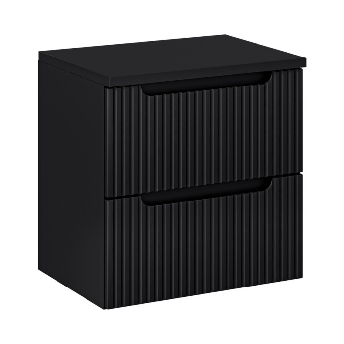 Conjunto de baño suspendido VANO 60cm: mueble bajo lavabo con cajones ranurados verticalmente + encimera para lavabo negro mate