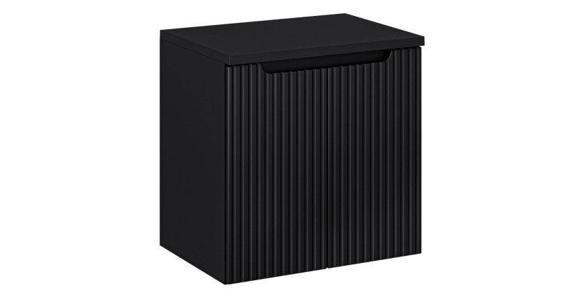 Ensemble de salle de bain suspendu VANO 60cm : meuble sous vasque à placards rainuré verticalement + plan pour vasque noir mat