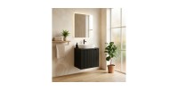 Ensemble de salle de bain suspendu VANO 60cm : meuble sous vasque à placards rainuré verticalement + plan pour vasque noir mat