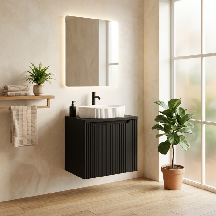Ensemble VANO 60cm : meuble sous vasque 2 portes et plan pour vasque noir mat mis en situation
