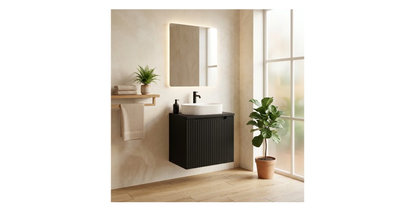 Ensemble de salle de bain suspendu VANO 60cm : meuble sous vasque à placards rainuré verticalement + plan pour vasque noir mat
