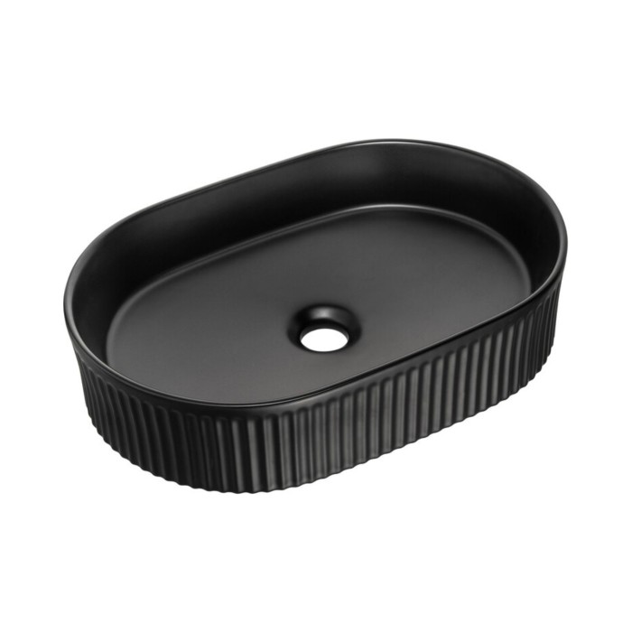 Insieme VANO 60cm: mobile sotto lavabo con cassetti + piano per lavabo effetto rovere + lavabo da appoggio nero opaco scanalato