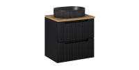 Ensemble VANO 60cm : meuble sous vasque à tiroirs + plan pour vasque aspect chêne + vasque à poser noir mat rainurée
