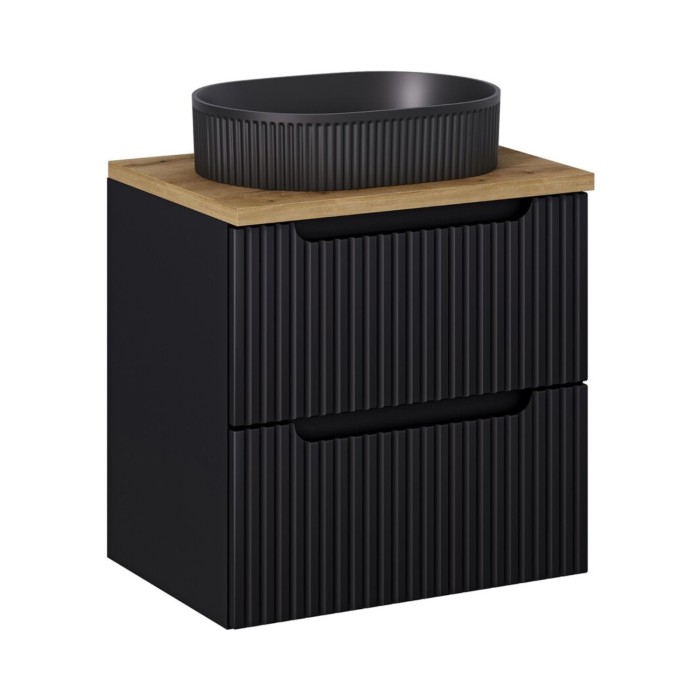 Insieme VANO 60cm: mobile sotto lavabo con cassetti + piano per lavabo effetto rovere + lavabo da appoggio nero opaco scanalato