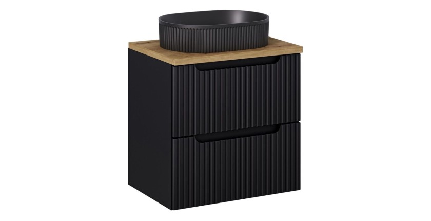 Ensemble VANO 60cm : meuble sous vasque à tiroirs + plan pour vasque aspect chêne + vasque à poser noir mat rainurée