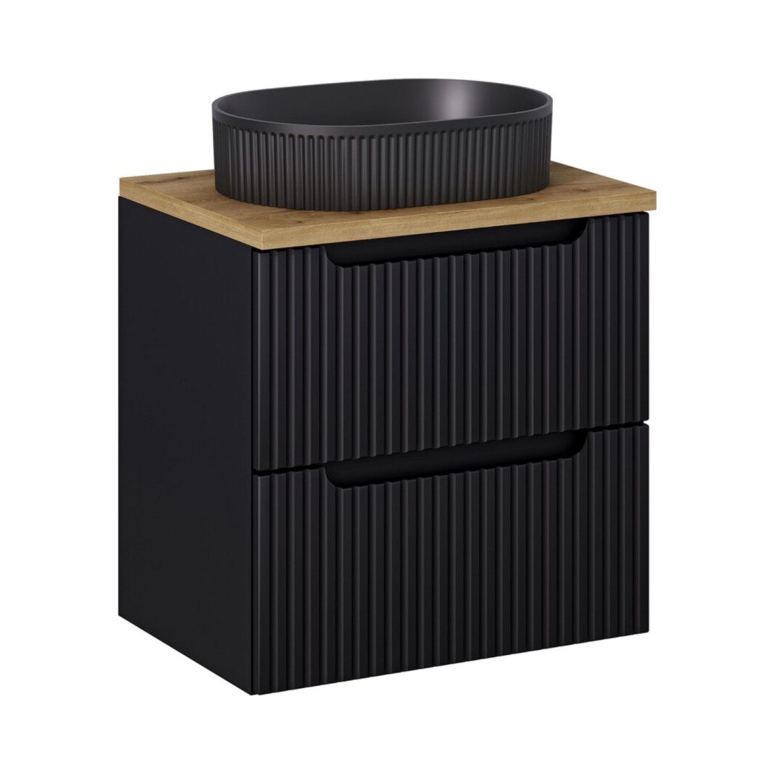 Ensemble VANO 60cm : meuble sous vasque à tiroirs + plan pour vasque aspect chêne + vasque à poser noir mat rainurée