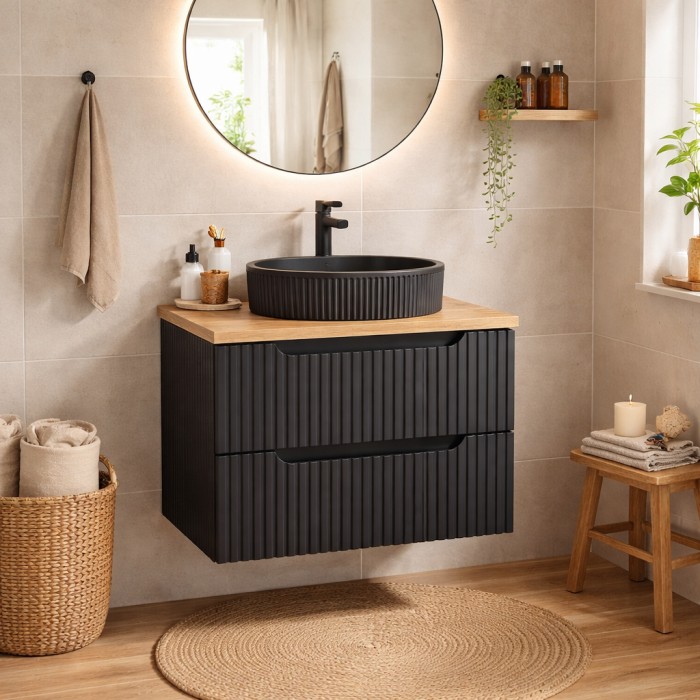 Insieme VANO 60cm: mobile sotto lavabo con cassetti + piano per lavabo effetto rovere + lavabo da appoggio nero opaco scanalato