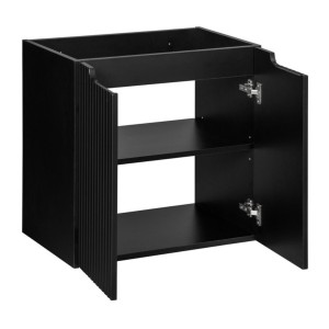 Ensemble VANO 60cm : meuble sous vasque à placards + plan pour vasque aspect chêne + vasque à poser noir mat rainurée