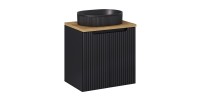 Ensemble VANO 60cm : meuble sous vasque à placards + plan pour vasque aspect chêne + vasque à poser noir mat rainurée
