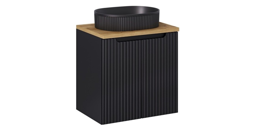 Ensemble VANO 60cm : meuble sous vasque à placards + plan pour vasque aspect chêne + vasque à poser noir mat rainurée