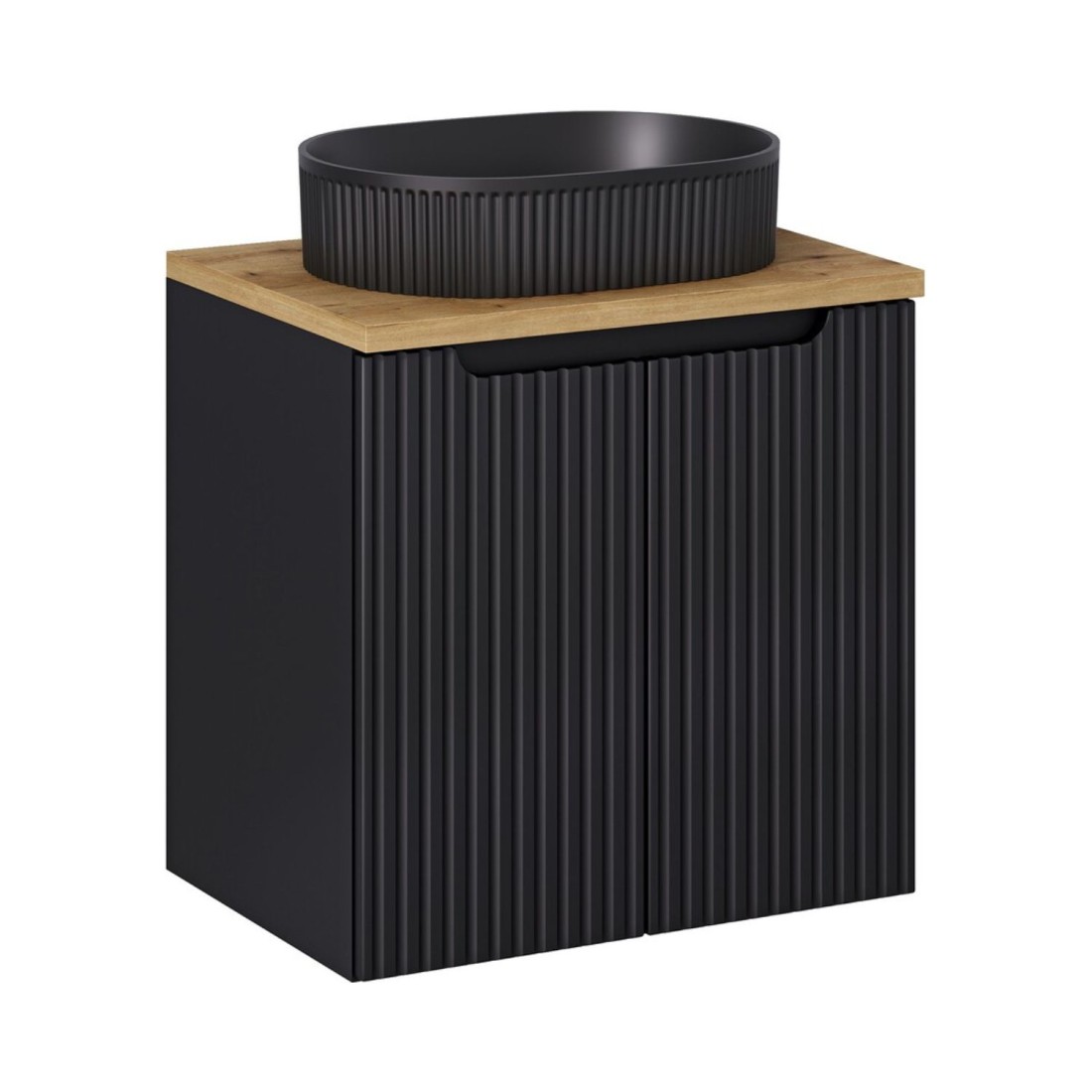 Ensemble VANO 60cm : meuble sous vasque à placards + plan pour vasque aspect chêne + vasque à poser noir mat rainurée