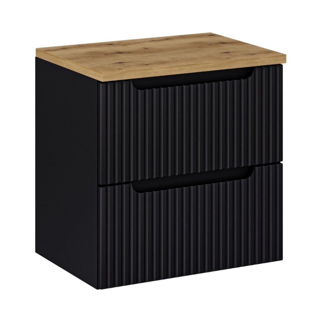 Ensemble de salle de bain VANO 60cm : meuble sous vasque à tiroirs rainuré verticalement + plan pour vasque aspect chêne