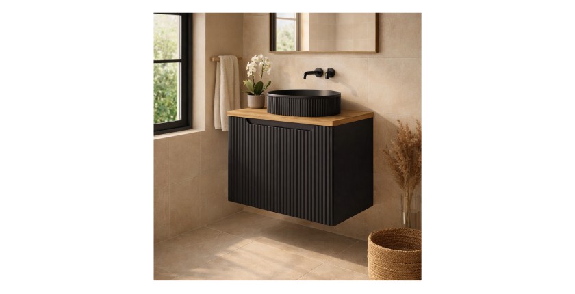 Ensemble de salle de bain VANO 60cm : meuble sous vasque à placards rainuré verticalement + plan pour vasque aspect chêne