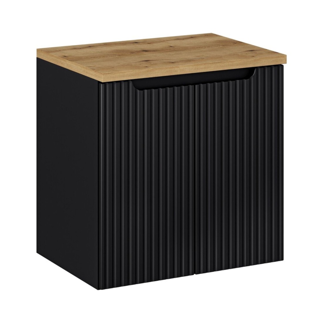 Ensemble de salle de bain VANO 60cm : meuble sous vasque à placards rainuré verticalement + plan pour vasque aspect chêne