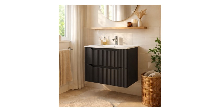 Ensemble de salle de bain VANO 60cm : meuble sous vasque à tiroirs rainuré verticalement + vasque encastrée blanche