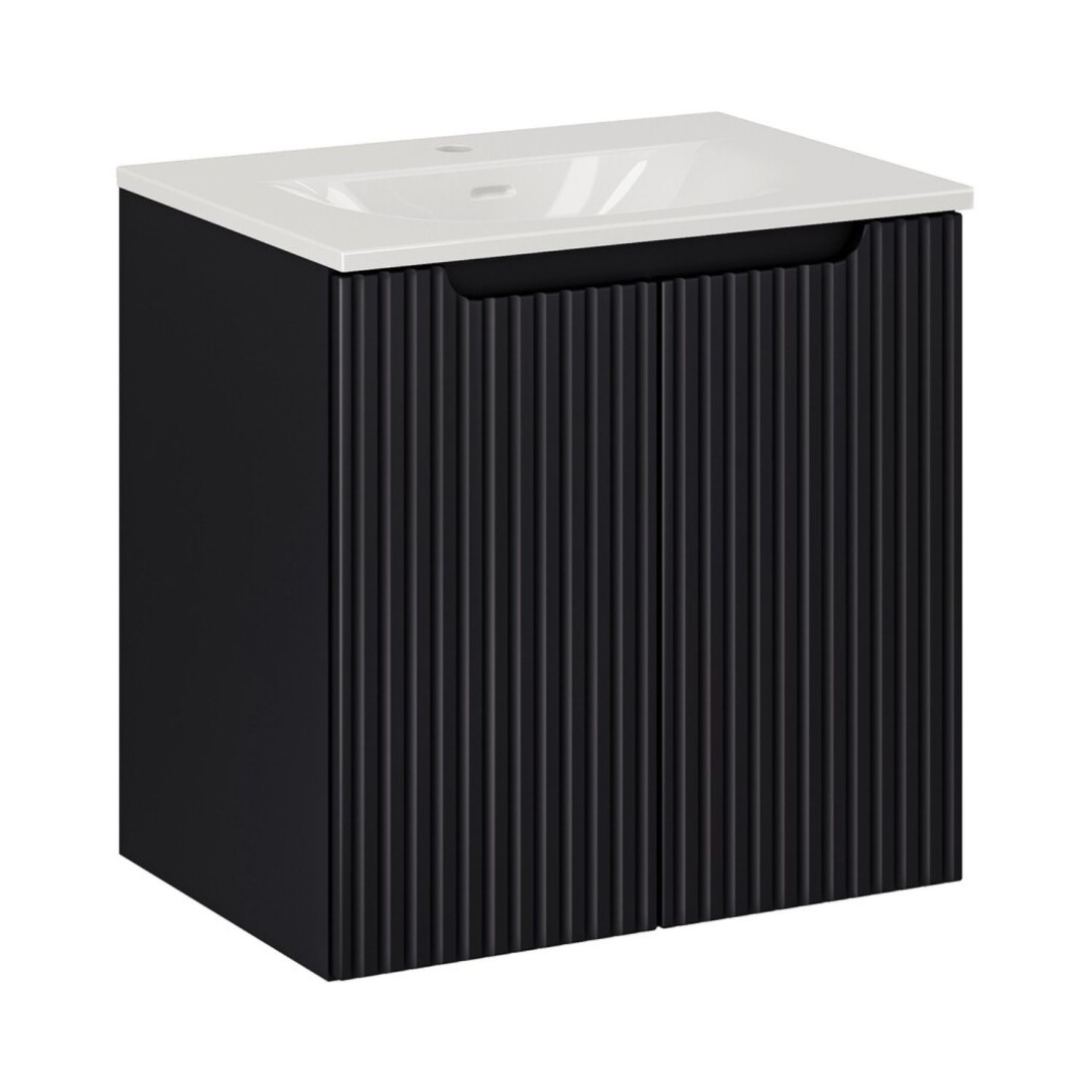 Ensemble de salle de bain VANO 60cm : meuble sous vasque à placards rainuré verticalement + vasque encastrée blanche