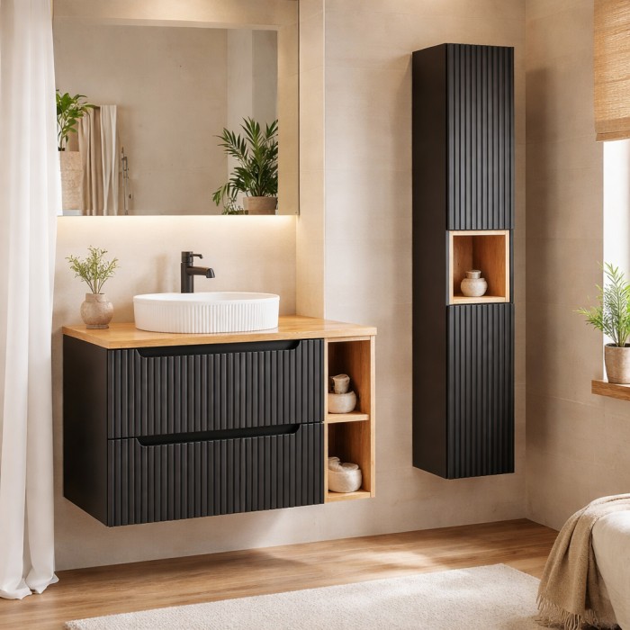 Ensemble VANO 130cm : meuble sous vasque, niches visibles, vasque à poser et colonne mis en situation
