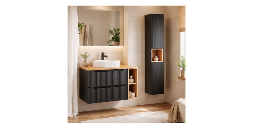 Ensemble VANO 130cm : meubles sous vasque avec niches visibles à tiroirs + plan pour vasque + vasque à poser + colonne