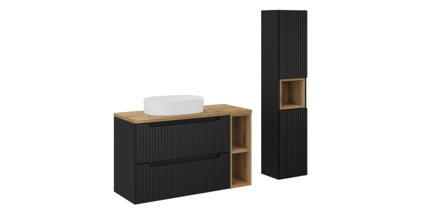 Ensemble VANO 130cm : meubles sous vasque avec niches visibles à tiroirs + plan pour vasque + vasque à poser + colonne