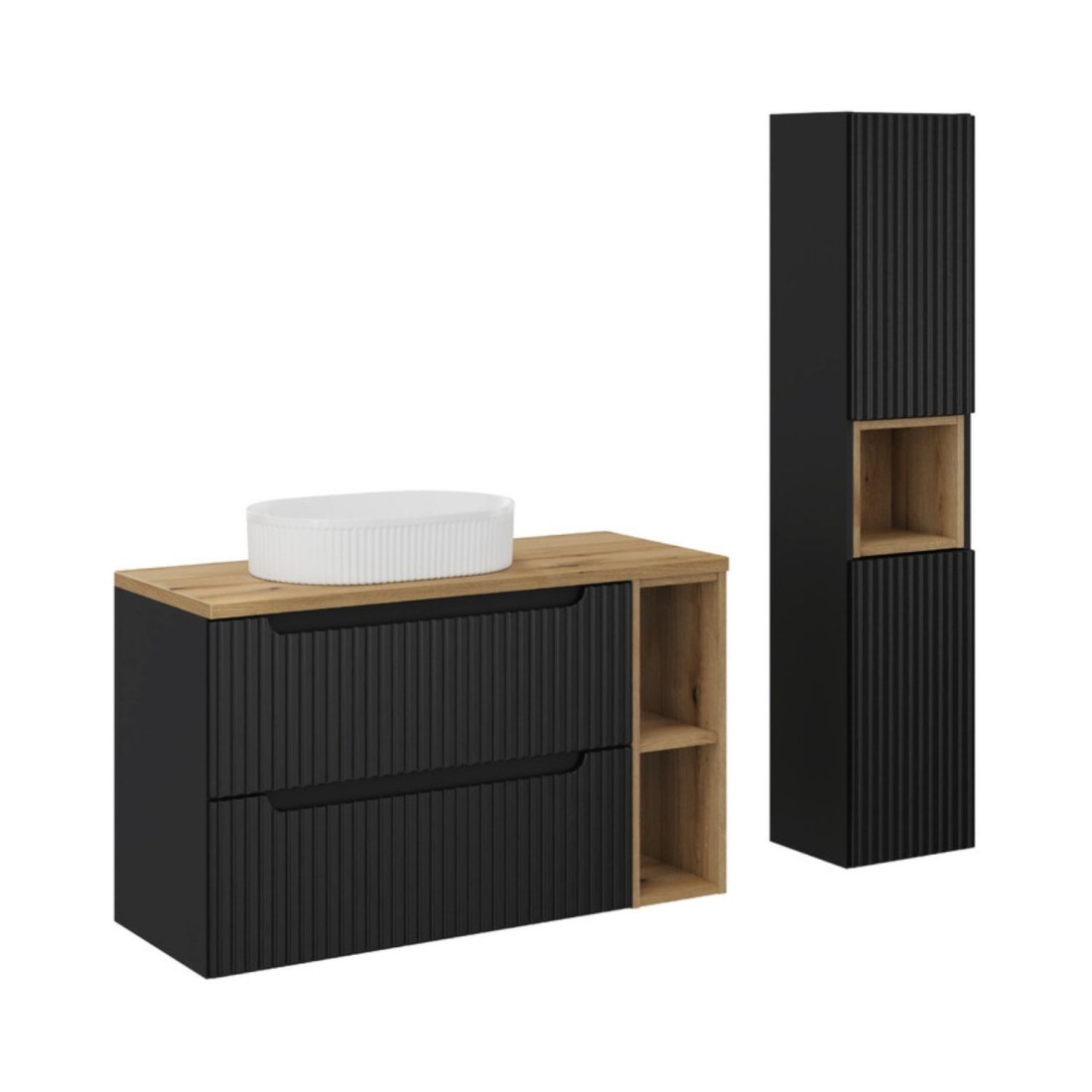 Ensemble VANO 130cm : meubles sous vasque avec niches visibles à tiroirs + plan pour vasque + vasque à poser + colonne