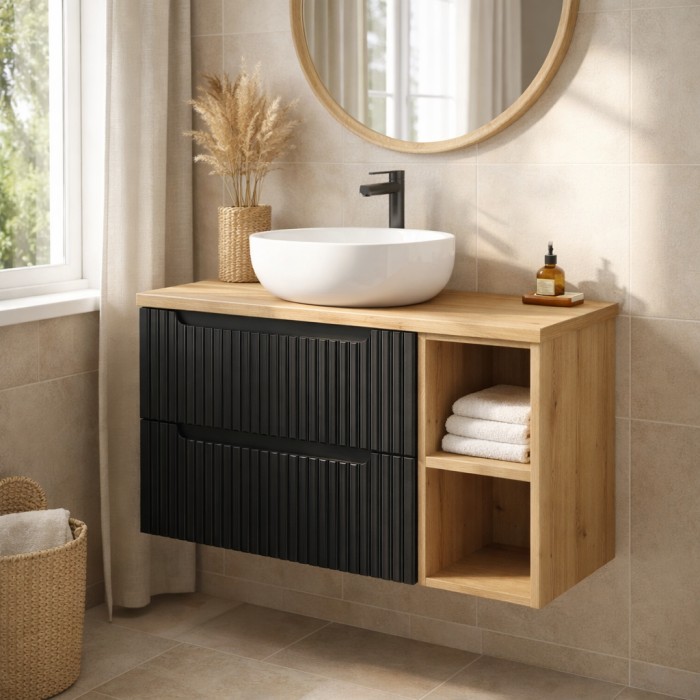 Ensemble VANO 80cm : meubles sous lavabo met zichtbare nissen met laden + werkblad voor wastafel in lichte eiken look