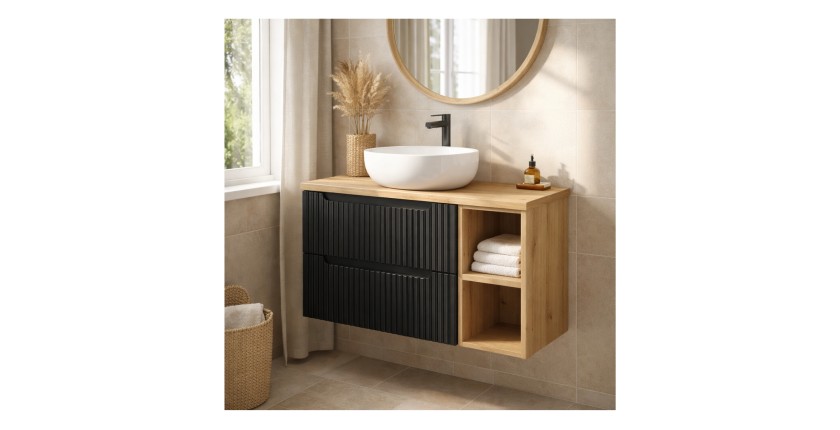 Ensemble VANO 80cm : meubles sous vasque avec niches visibles à tiroirs + plan pour vasque aspect chêne clair