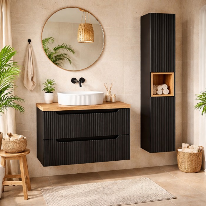 Ensemble VANO 110cm : meuble sous vasque, vasque à poser et colonne mis en situation