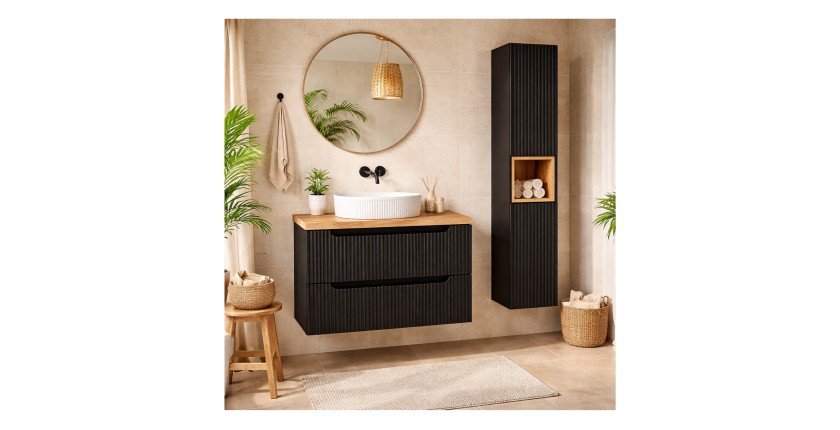 Ensemble VANO 110cm : meuble sous vasque à tiroirs + plan pour vasque + vasque à poser rainurée blanche + colonne