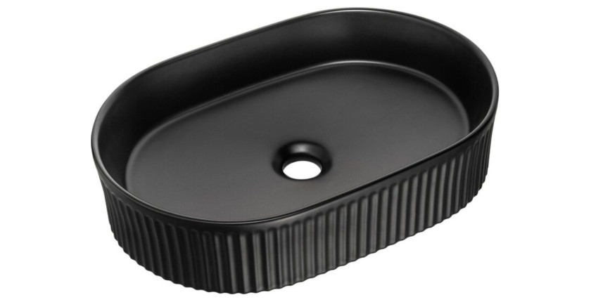 Ensemble VANO 80cm : meuble sous vasque à tiroirs + plan pour vasque aspect chêne clair + vasque à poser rainurée noir mat