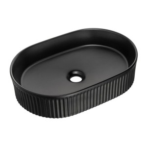 Ensemble VANO 80cm : meuble sous vasque à tiroirs + plan pour vasque aspect chêne clair + vasque à poser rainurée noir mat