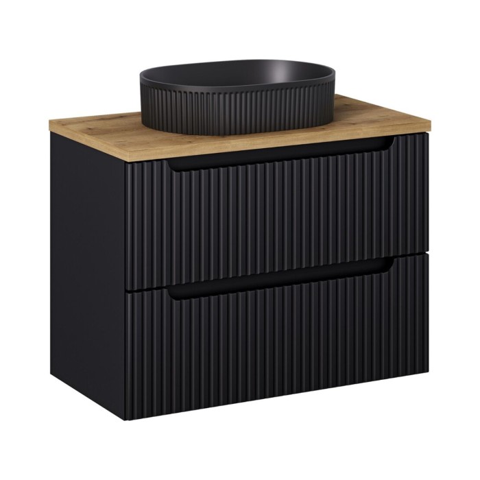 Insieme VANO 80cm: mobile sotto lavabo con cassetti + piano per lavabo effetto rovere chiaro + lavabo da appoggio scanalato nero