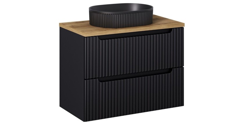 Ensemble VANO 80cm : meuble sous vasque à tiroirs + plan pour vasque aspect chêne clair + vasque à poser rainurée noir mat