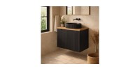 Ensemble VANO 80cm : meuble sous vasque à placards + plan pour vasque aspect chêne clair + vasque à poser rainurée noir mat