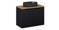 Ensemble VANO 80cm : meuble sous vasque à placards + plan pour vasque aspect chêne clair + vasque à poser rainurée noir mat