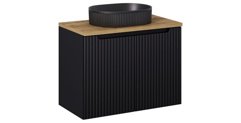 Ensemble VANO 80cm : meuble sous vasque à placards + plan pour vasque aspect chêne clair + vasque à poser rainurée noir mat