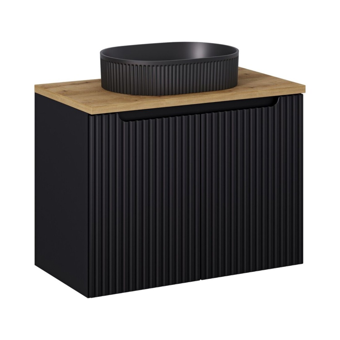 Ensemble VANO 80cm : meuble sous vasque à placards + plan pour vasque aspect chêne clair + vasque à poser rainurée noir mat