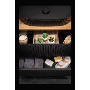 Ensemble de salle de bain VANO 80cm : meuble sous vasque à tiroirs noir mat rainuré + plan pour vasque aspect chêne clair