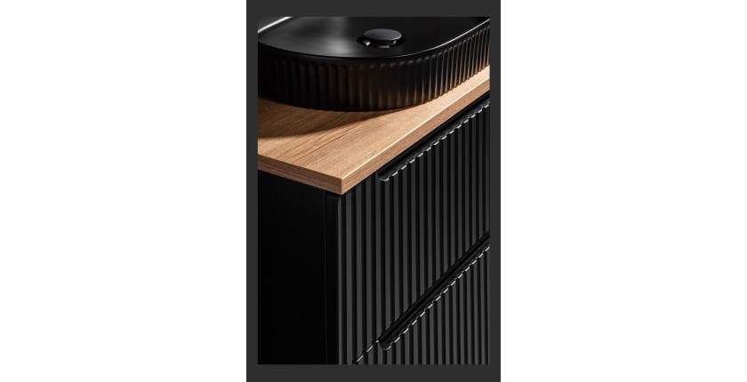 Ensemble de salle de bain VANO 80cm : meuble sous vasque à tiroirs noir mat rainuré + plan pour vasque aspect chêne clair