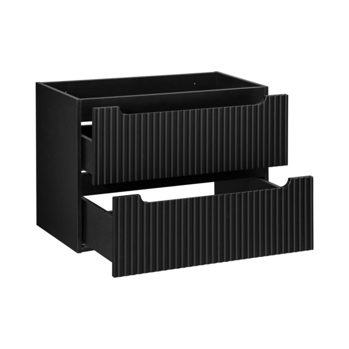 Badezimmer-Set VANO 80cm: Unterschrank mit gerillten mattschwarzen Schubladen + Waschtischplatte in heller Eichenoptik