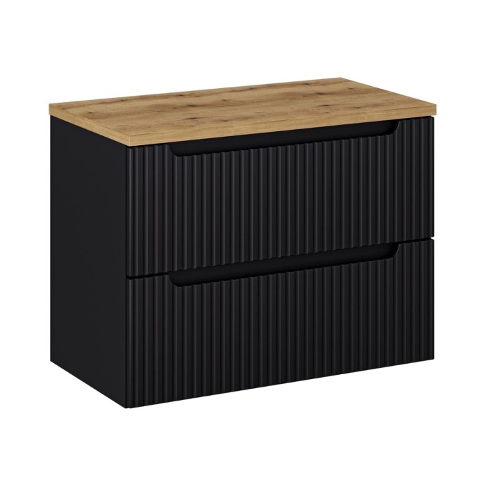 Badezimmer-Set VANO 80cm: Unterschrank mit gerillten mattschwarzen Schubladen + Waschtischplatte in heller Eichenoptik
