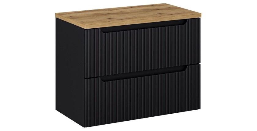 Ensemble de salle de bain VANO 80cm : meuble sous vasque à tiroirs noir mat rainuré + plan pour vasque aspect chêne clair