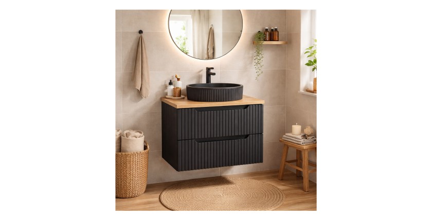 Ensemble de salle de bain VANO 80cm : meuble sous vasque à tiroirs noir mat rainuré + plan pour vasque aspect chêne clair