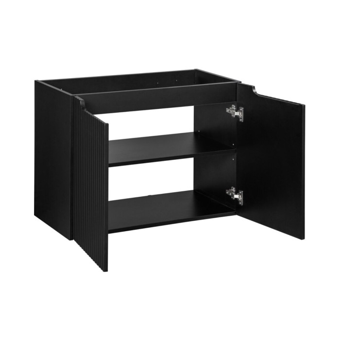 Badezimmer-Set VANO 80cm: Unterschrank mit mattschwarzen Rillentüren + Waschtischplatte in heller Eichenoptik