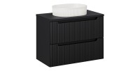 Ensemble VANO 80cm : meuble sous vasque à tiroirs + plan pour vasque noir mat + vasque à poser rainurée blanche