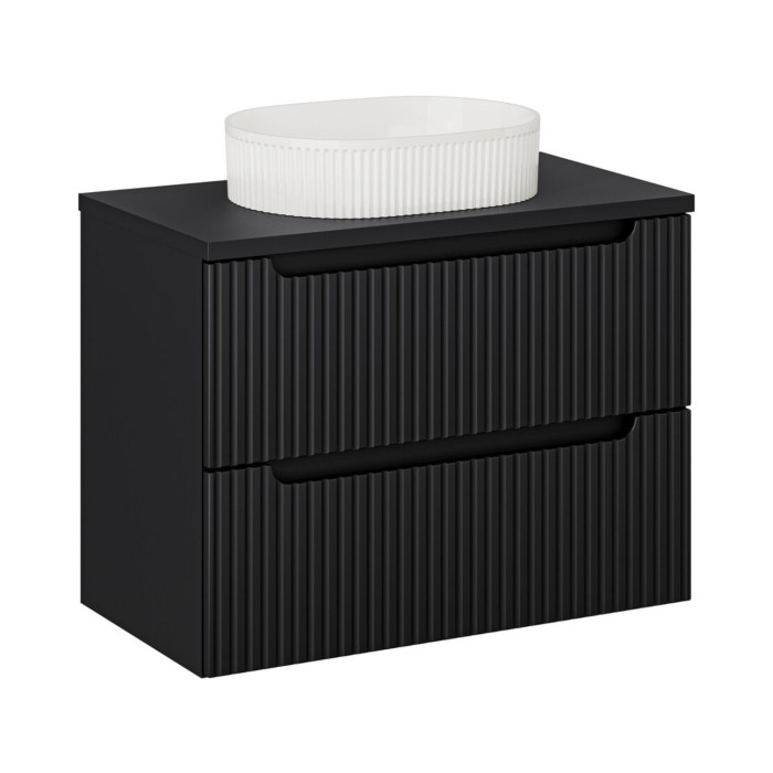 Insieme VANO 80cm: mobile sottolavabo con cassetti + piano per lavabo nero opaco + lavabo da appoggio bianco scanalato