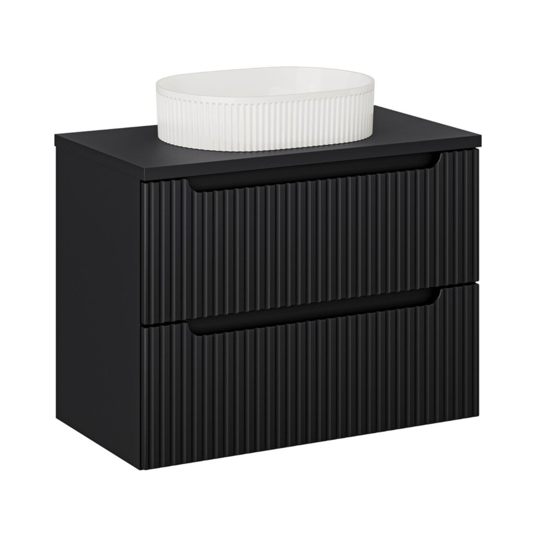 Ensemble VANO 80cm : meuble sous vasque à tiroirs + plan pour vasque noir mat + vasque à poser rainurée blanche